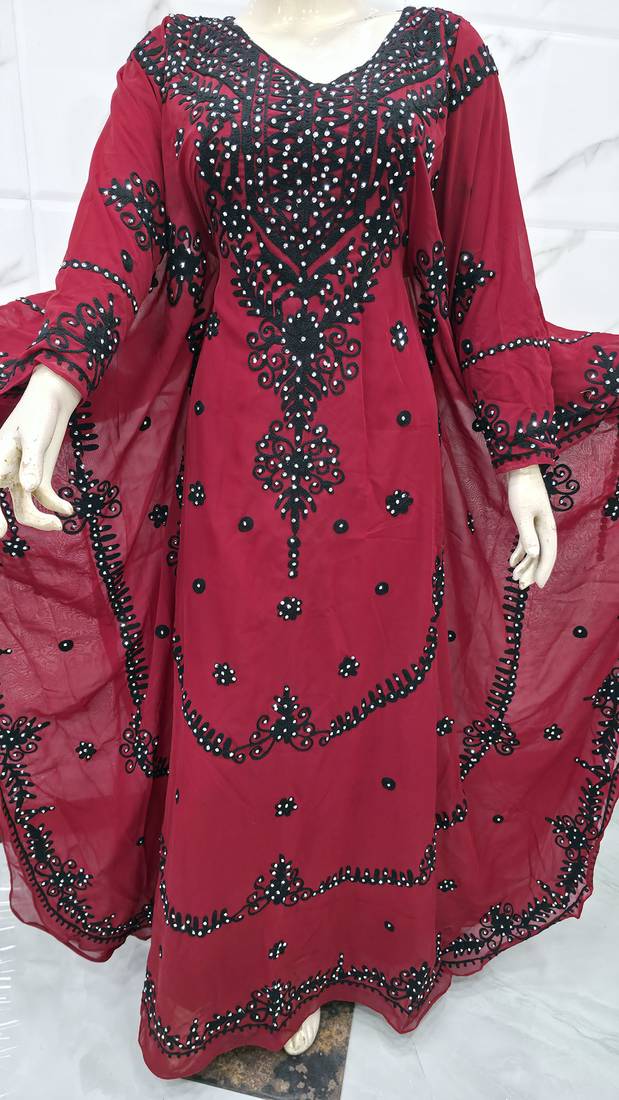 Elegant Maroon Moroccan Kaftan Dress with Black Embroidery Sequin Work Flared Farasha Style Gown