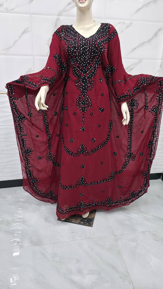 Elegant Maroon Moroccan Kaftan Dress with Black Embroidery Sequin Work Flared Farasha Style Gown