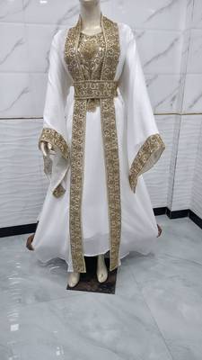 Elegant White & Gold Moroccan Kaftan Dress with Heavy Embroidery, Beaded Belt & Flared Sleeves 1