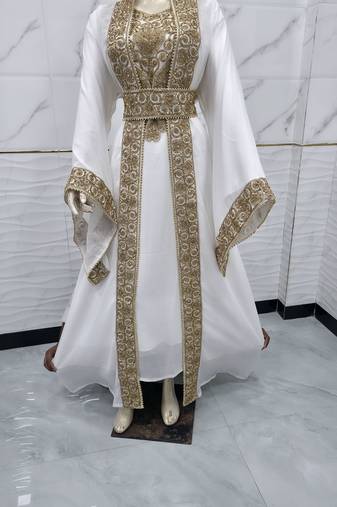 Elegant White & Gold Moroccan Kaftan Dress with Heavy Embroidery, Beaded Belt & Flared Sleeves