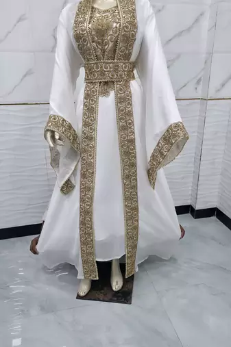 Elegant White & Gold Moroccan Kaftan Dress with Heavy Embroidery, Beaded Belt & Flared Sleeves