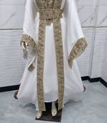 Elegant White & Gold Moroccan Kaftan Dress with Heavy Embroidery, Beaded Belt & Flared Sleeves