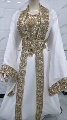 Elegant White & Gold Moroccan Kaftan Dress with Heavy Embroidery, Beaded Belt & Flared Sleeves 2