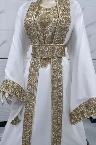 Elegant White & Gold Moroccan Kaftan Dress with Heavy Embroidery, Beaded Belt & Flared Sleeves