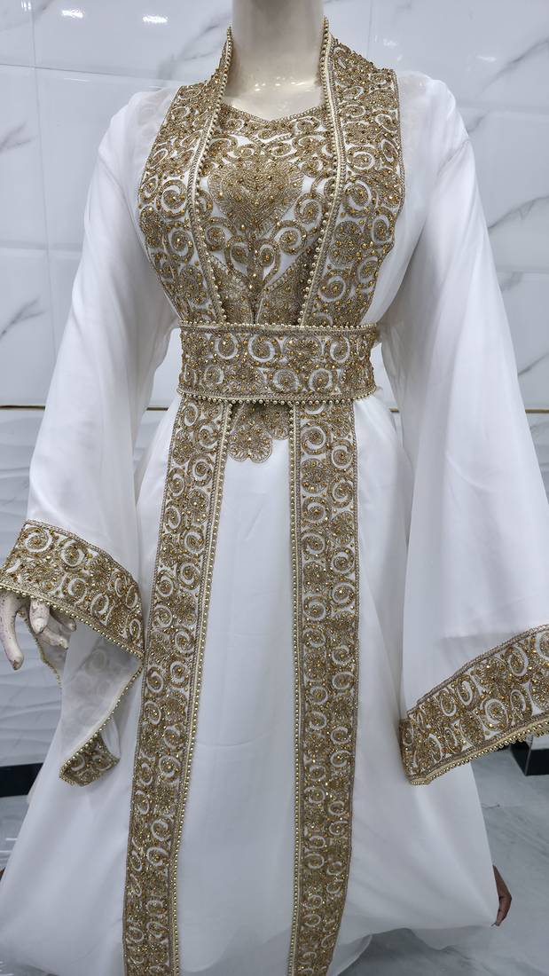 Elegant White & Gold Moroccan Kaftan Dress with Heavy Embroidery, Beaded Belt & Flared Sleeves