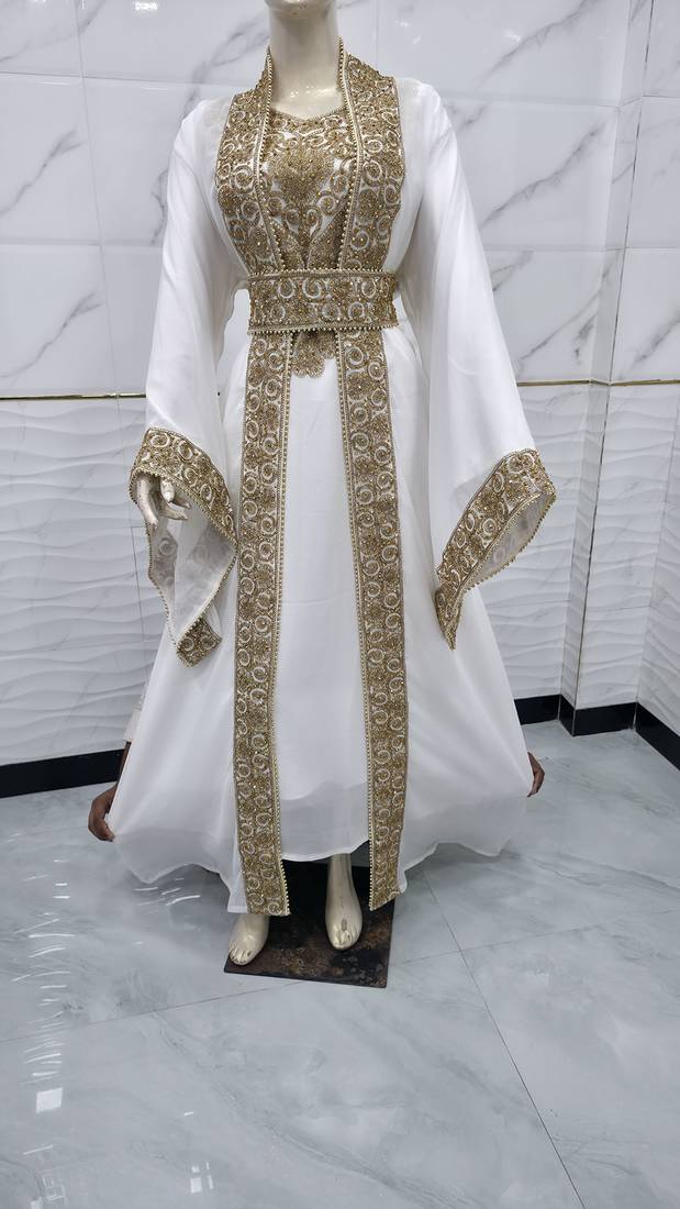 Elegant White & Gold Moroccan Kaftan Dress with Heavy Embroidery, Beaded Belt & Flared Sleeves