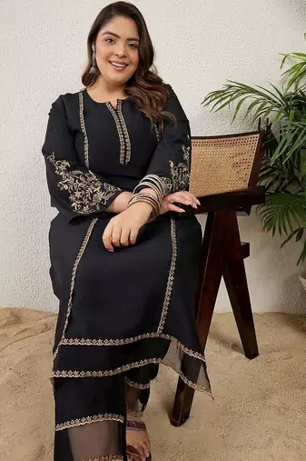 Plus Size Ethnic Motifs Embroidered Regular Thread Work Kurta with Trousers