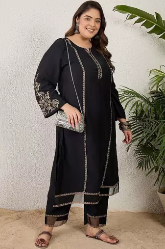 Plus Size Ethnic Motifs Embroidered Regular Thread Work Kurta with Trousers