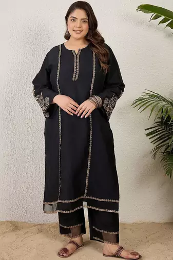 Plus Size Ethnic Motifs Embroidered Regular Thread Work Kurta with Trousers