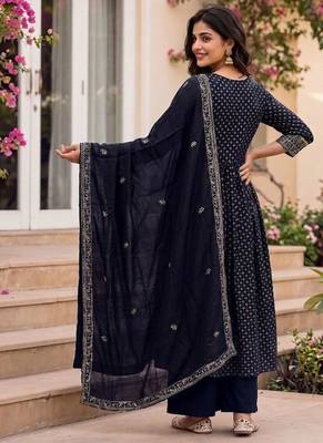 Navy vichitra silk sequinned embroidered flared suit set with vichitra silk dupatta 2