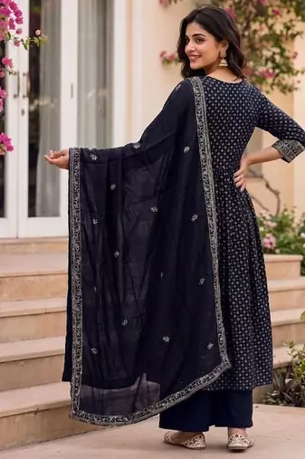 Navy vichitra silk sequinned embroidered flared suit set with vichitra silk dupatta