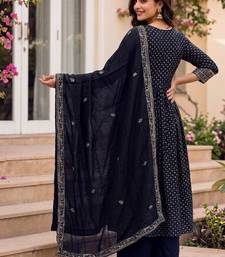 Navy vichitra silk sequinned embroidered flared suit set with vichitra silk dupatta
