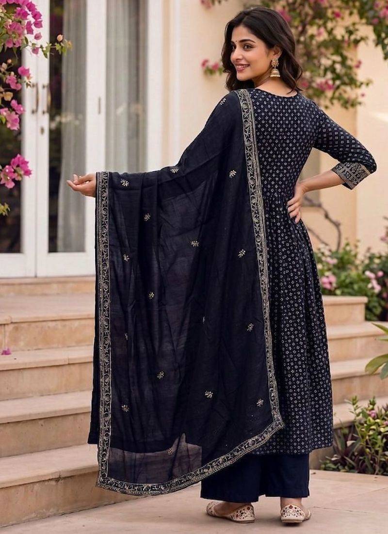 Navy vichitra silk sequinned embroidered flared suit set with vichitra silk dupatta