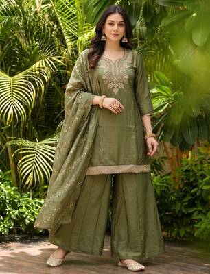 Mehendi embroidered gold silk straight sharara salwar suit set with foule print dupatta 1