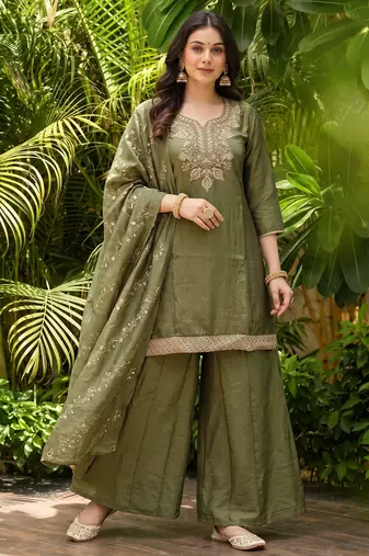 Mehendi embroidered gold silk straight sharara salwar suit set with foule print dupatta