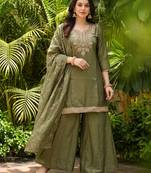 Mehendi embroidered gold silk straight sharara salwar suit set with foule print dupatta