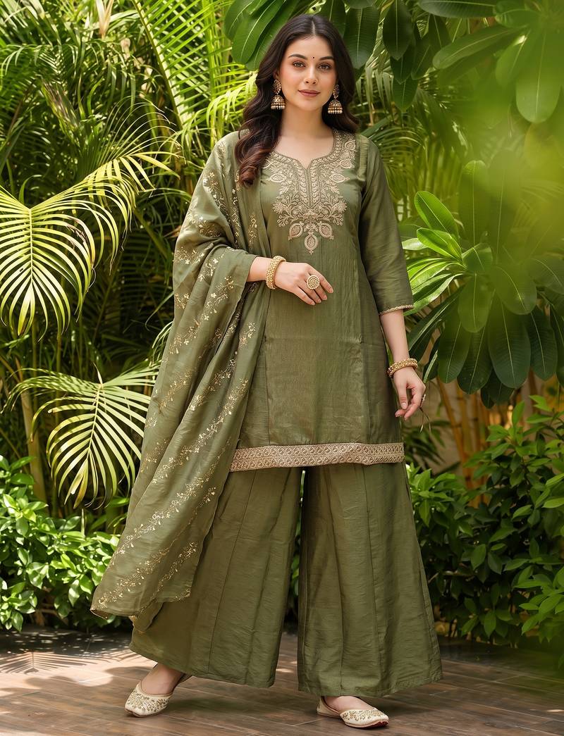 Mehendi embroidered gold silk straight sharara salwar suit set with foule print dupatta