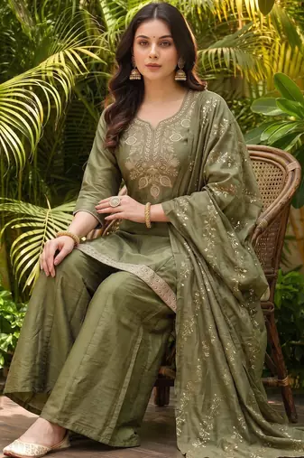 Mehendi embroidered gold silk straight sharara salwar suit set with foule print dupatta