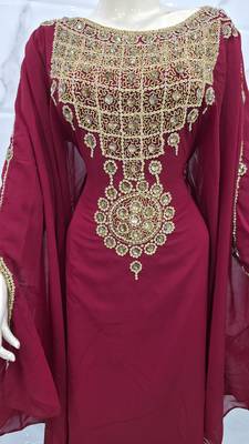 Premium Burgundy Kaftan Heavy Gold Embroidery Sequin Bead Work Elegant Long Farasha Dresses 2
