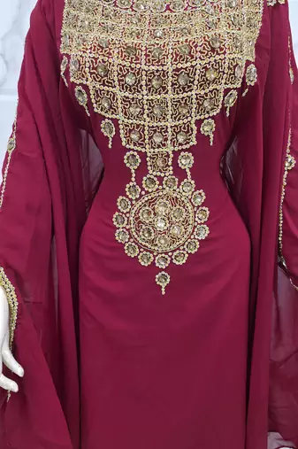 Premium Burgundy Kaftan Heavy Gold Embroidery Sequin Bead Work Elegant Long Farasha Dresses