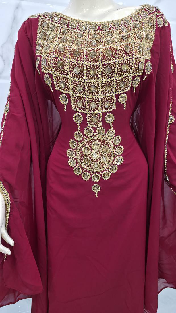 Premium Burgundy Kaftan Heavy Gold Embroidery Sequin Bead Work Elegant Long Farasha Dresses