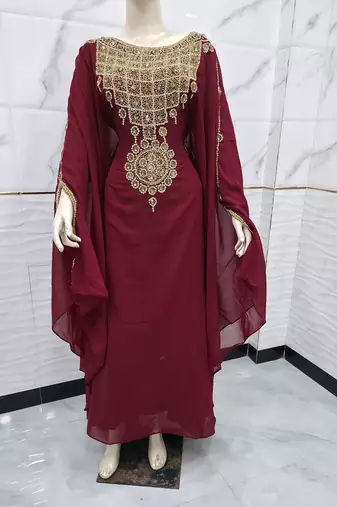 Premium Burgundy Kaftan Heavy Gold Embroidery Sequin Bead Work Elegant Long Farasha Dresses