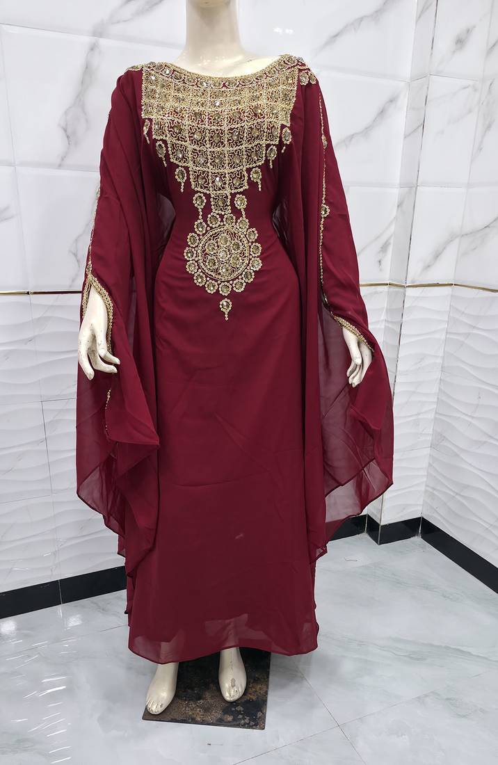 Premium Burgundy Kaftan Heavy Gold Embroidery Sequin Bead Work Elegant Long Farasha Dresses