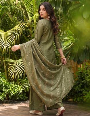 Mehendi embroidered gold silk straight sharara salwar suit set with foule print dupatta 3