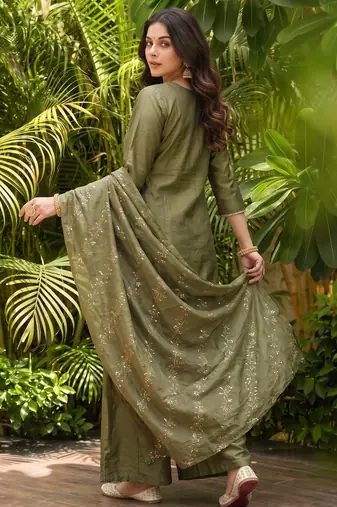 Mehendi embroidered gold silk straight sharara salwar suit set with foule print dupatta