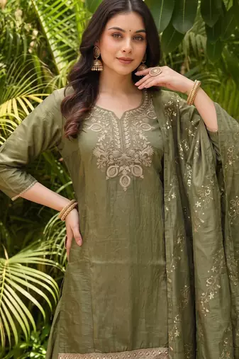 Mehendi embroidered gold silk straight sharara salwar suit set with foule print dupatta