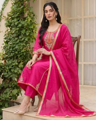 Rani embroidered lined silk a-line salwar suit set with cotton chanderi dupatta 1