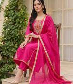 Rani embroidered lined silk a-line salwar suit set with cotton chanderi dupatta