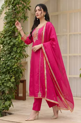 Rani embroidered lined silk a-line salwar suit set with cotton chanderi dupatta