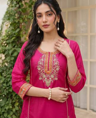 Rani embroidered lined silk a-line salwar suit set with cotton chanderi dupatta 3