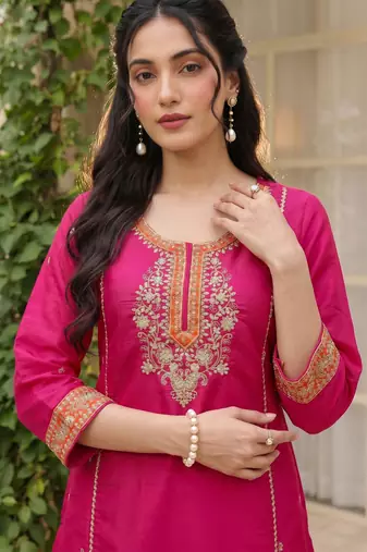 Rani embroidered lined silk a-line salwar suit set with cotton chanderi dupatta