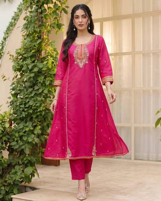 Rani embroidered lined silk a-line salwar suit set with cotton chanderi dupatta 4