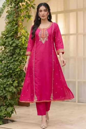 Rani embroidered lined silk a-line salwar suit set with cotton chanderi dupatta