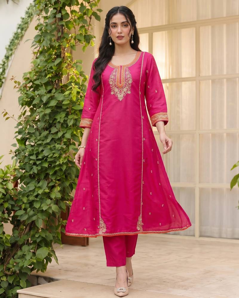 Rani embroidered lined silk a-line salwar suit set with cotton chanderi dupatta