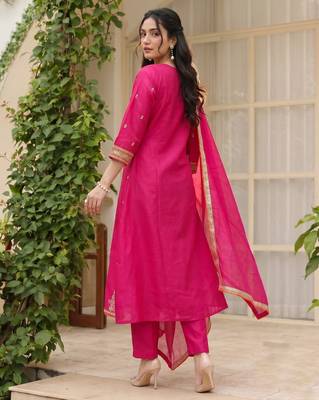Rani embroidered lined silk a-line salwar suit set with cotton chanderi dupatta 5