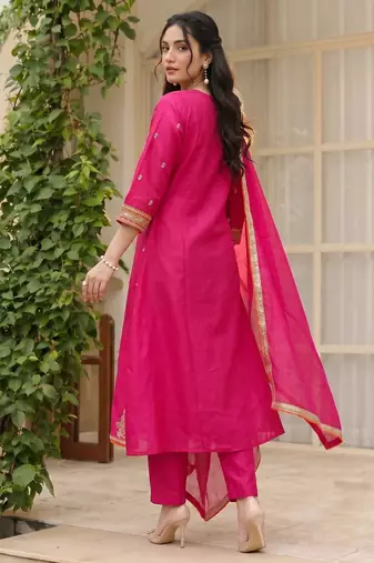 Rani embroidered lined silk a-line salwar suit set with cotton chanderi dupatta