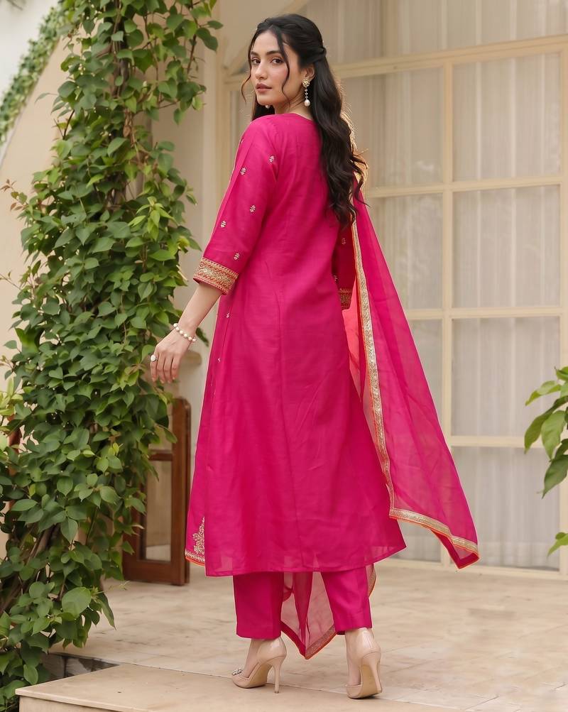 Rani embroidered lined silk a-line salwar suit set with cotton chanderi dupatta