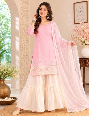 Peach embroidered cotton satin sharara salwar suit set with printed dupatta 1