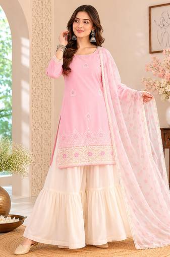 Peach embroidered cotton satin sharara salwar suit set with printed dupatta