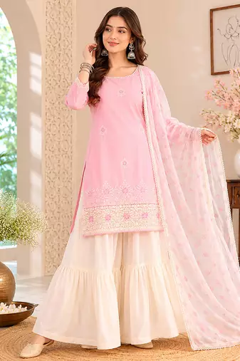 Peach embroidered cotton satin sharara salwar suit set with printed dupatta
