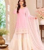 Peach embroidered cotton satin sharara salwar suit set with printed dupatta