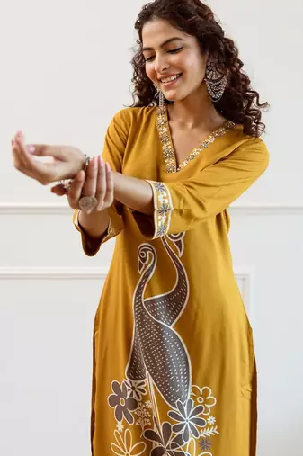 Women Embroidered Regular Beads and Stones Kurta with Trousers
