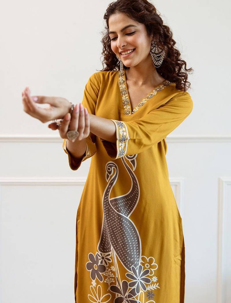 Women Embroidered Regular Beads and Stones Kurta with Trousers