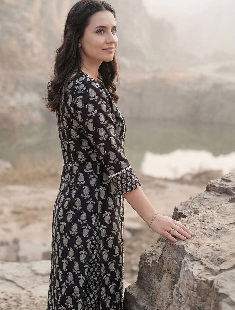 Women Paisley Printed Panelled Mirror Work Pure Cotton Kurta with Trousers