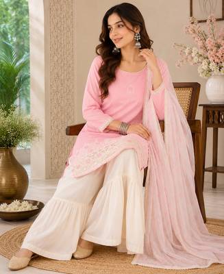Peach embroidered cotton satin sharara salwar suit set with printed dupatta 2