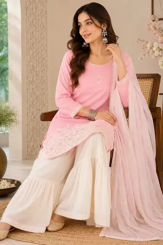 Peach embroidered cotton satin sharara salwar suit set with printed dupatta